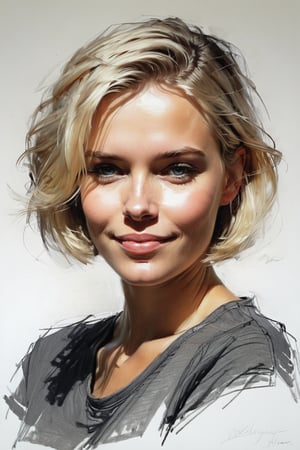 Masterpiece, best quality, dreamwave, aesthetic, 1girl, open look, (looking into the eyes), smiling charmingly sexy, short blonde hair, bob hairstyle, t-shirt, sketch, lineart, pencil, white background, portrait by Nikolay Alexanov, Style by Nikolay Feshin, artistic oil painting stick,charcoal \(medium\), 