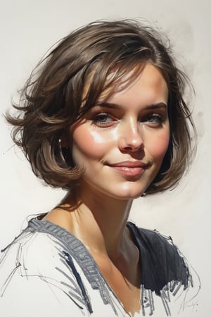 Masterpiece, best quality, dreamwave, aesthetic, 1girl- chield 2years old, open look, (looking into the eyes), smiling charmingly, short brown hair, bob hairstyle, sketch, lineart, pencil, white background, portrait by Nikolay Alexanov, Style by Nikolay Feshin, Style by Zhaoming Wu, artistic oil painting stick,charcoal \(medium\), 