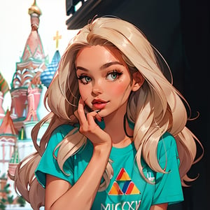 Beautiful European girl Instagram blogger makes ((travel content)) ((about Moscow)), blurred background in perspective distortion + Bokeh, modern clothes, on the T-shirt on the left side there is a brand logo ((triangle + Nick Alex inscription underneath)), detailed hands, detailed body, detailed face, detailed hair, girl at VDNH,