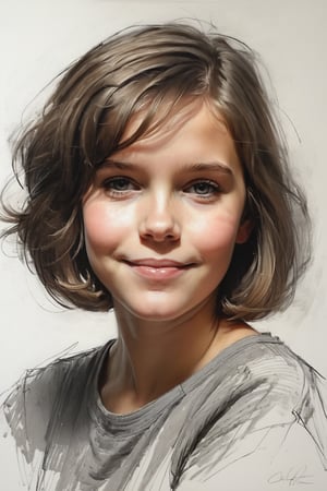 Masterpiece, best quality, dreamwave, aesthetic, 1girl- chield 4 years old, open look, (looking into the eyes), smiling charmingly, short brown hair, bob hairstyle, sketch, lineart, pencil, white background, portrait by Alexanov, Style by Nikolay Feshin, artistic oil painting stick,charcoal \(medium\), 