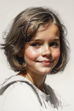 Masterpiece, best quality, dreamwave, aesthetic, 1girl- chield 4 years old, open look, (looking into the eyes), smiling charmingly, short brown hair, bob hairstyle, sketch, lineart, pencil, white background, portrait by Nikolay Alexanov, Style by Nikolay Feshin, artistic oil painting stick,charcoal \(medium\), 