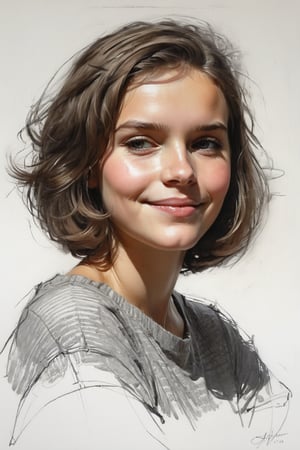 Masterpiece, best quality, dreamwave, aesthetic, 1girl- chield 3 years old, open look, (looking into the eyes), smiling charmingly, short brown hair, bob hairstyle, sketch, lineart, pencil, white background, portrait by Alexanov, Style by Nikolay Feshin, artistic oil painting stick,charcoal \(medium\), 