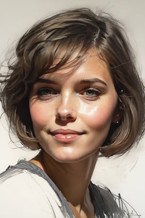 Masterpiece, best quality, dreamwave, aesthetic, 1girl- chield 1years old, open look, (looking into the eyes), smiling charmingly, short brown hair, bob hairstyle, sketch, lineart, pencil, white background, portrait by Nikolay Alexanov, Style by Nikolay Feshin, Style by Zhaoming Wu, artistic oil painting stick,charcoal \(medium\), 