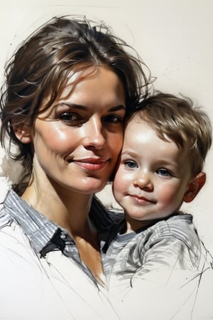 Masterpiece, best quality, dreamwave, aesthetic, portrait: 1 wife, 1 husband and 1boy- chield 2 years old, open look, (looking into the eyes), smiling charmingly, short brown hair, sketch, lineart, pencil, white background, portrait by Alexanov, Style by Nikolay Feshin, artistic oil painting stick,charcoal \(medium\), 