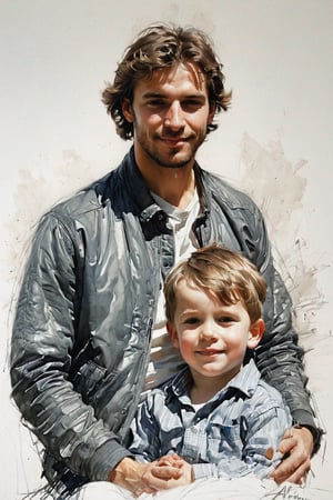 Masterpiece, best quality, dreamwave, aesthetic, portrait: 1 man and 1boy- chield 2 years old, open look, (looking into the eyes), smiling charmingly, short brown hair, sketch, lineart, pencil, white background, portrait by Alexanov, Style by Nikolay Feshin, style by Zhaoming Wu, artistic oil painting stick,charcoal \(medium\), 