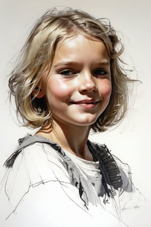 Masterpiece, best quality, dreamwave, aesthetic, 1girl- chield 5 years old, open look, (looking into the eyes), smiling charmingly, short blonde hair, bob hairstyle, sketch, lineart, pencil, white background, portrait by Nikolay Alexanov, Style by Nikolay Feshin, artistic oil painting stick,charcoal \(medium\), 