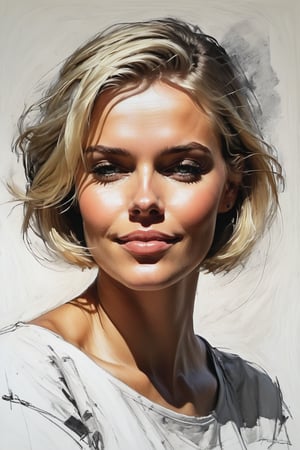 Masterpiece, best quality, dinamic pose (close up shot:1.3),  dreamwave, aesthetic, 1girl, open look, (looking into the eyes), smiling charmingly sexy, short blonde hair, bob hairstyle, t-shirt, sketch, lineart, pencil, white background, portrait by Nikolay Alexanov, Style by Nikolay Feshin, artistic oil painting stick,charcoal \(medium\), euphoric style, oil painting,vapor_graphic, intricate detail, aesthetic portrait, comic book,artistic oil painting stick,charcoal \(medium\),ebonygold,masterpiece,xxmixgirl