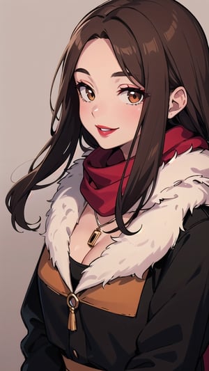 brown_hair, long_hair, scarf, black_clothes, red_lips, red_lipstick, brown_eyes, smile, medium_breast, necklace, red_scarf, black_coat, brunette, brown_skin, ASU1,Torudaya style