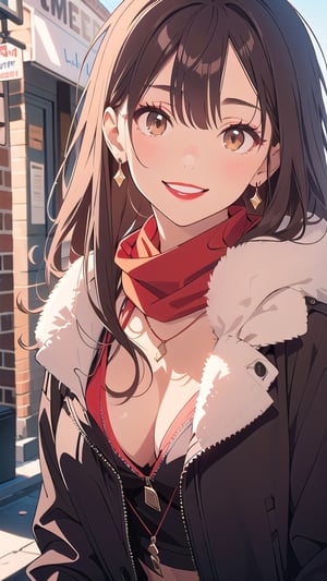 brown_hair, long_hair, scarf, black_clothes, red_lips, red_lipstick, brown_eyes, smile, medium_breast, necklace, red_scarf, black_coat, brunette, light_brown_skin,ASU1
