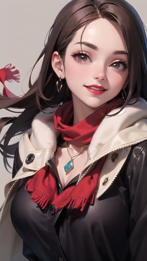 brown_hair, long_hair, scarf, black_clothes, red_lips, red_lipstick, brown_eyes, smile, medium_breast, necklace, red_scarf, black_coat, brunette, brown_skin, ASU1