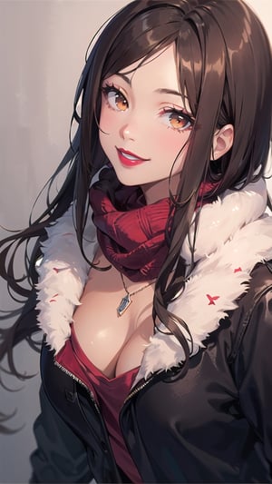 brown_hair, long_hair, scarf, black_clothes, red_lips, red_lipstick, brown_eyes, smile, medium_breast, necklace, smile, red_scarf, black_coat, brunette, light_brown_skin