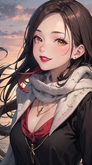 brown_hair, long_hair, scarf, black_clothes, red_lips, red_lipstick, brown_eyes, smile, medium_breast, necklace, red_scarf, black_coat, brunette, light_brown_skin