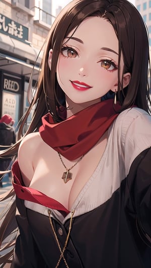 brown_hair, long_hair, scarf, black_clothes, red_lips, red_lipstick, brown_eyes, smile, medium_breast, necklace, smile, red_scarf, black_coat, brunette, light_brown_skin