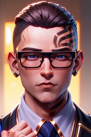 beautiful eyes, perfect eyes, best quality, ultra detailed, 1boy, mature male, (chamber \(valorant\):0.85), dark brown eyes, masculine_solo, standing, square black glasses, dark brown hair, white shirt, blue vest, blue tie, very short haishaved on the sides, (evil:1.2), looking at viewer, (interview:1.3),BREAK looking at viewer, BREAK , (masterpiece:1.2), best quality, high resolution, (beautiful detailed eyes:1.6), extremely detailed face, perfect lighting, extremely detailed CG, (perfect hands, perfect anatomy),KHiiragi-KJ