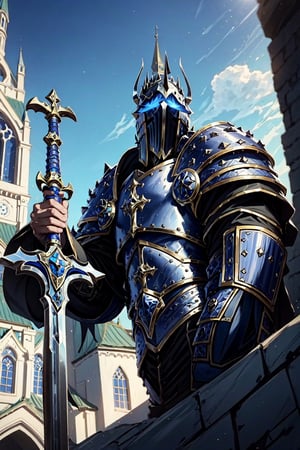 1man, Knight with black armor, with a blue sword in the hand, in a Medieval City with a Church in the background, Sun, Sunny day, Realistic, Full HD, Best Quality, fantasy world, 4k, 8k, UHD, ultra quality, best quality, masterpiece, dinamic angle, Medieval Fantasy Armor,