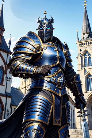 1man, Knight with black armor, with a blue sword in the hand, in a Medieval City with a Church in the background, Sun, Sunny day, Realistic, Full HD, Best Quality, fantasy world, 4k, 8k, UHD, ultra quality, best quality, masterpiece, dinamic angle, Medieval Fantasy Armor,HApollo
