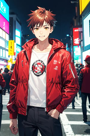 Masterpiece, Best Quality, 1boy, brown hair, (red jacket), smile, undercut, manly, cyberpunk style, middle of the street, night, Shibuya, scenery, cowboy shot, looking at viewer, intricately detailed.,yukihira_souma