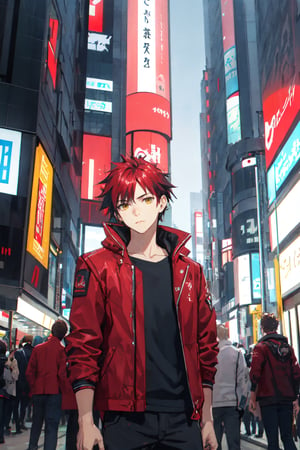 Masterpiece, Best Quality, 1boy, very short hair, brown hair, (red jacket), undercut, manly, cyberpunk style, middle of the street, night, Shibuya, scenery, cowboy shot, from below, looking at viewer, intricately detailed.,yukihira_souma,red_hair