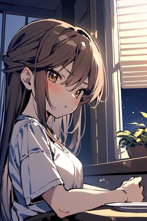 makoto, 1girl, from side, masterpiece, suiseiseki, blush, pout, looking at viewer, indoors, midnight, plate, sink, table, window, plant, night sky, hand holding viewers shirt