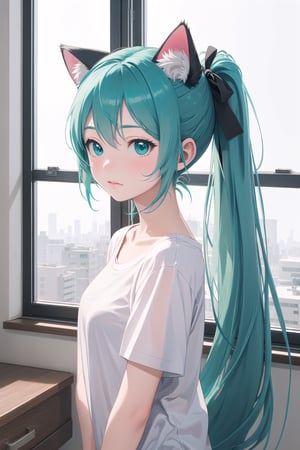 masterpiece, best quality, hatsune miku, (teal green hair, long hair, long_ponytail), (cat ears), (fluffy ears), (blue sky eyes), (), (hair tie), (hair ribbon), (white t-shirt), (), hair blowing in the wind, blowing hair, (tokyo city), (apartment), (near the window),