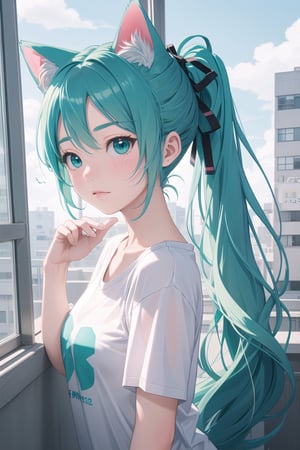 masterpiece, best quality, hatsune miku, (teal green hair, long hair, long_ponytail), (cat ears), (fluffy ears), (blue sky eyes), (), (hair tie), (hair ribbon), (white t-shirt), (), hair blowing in the wind, blowing hair, (tokyo city), (apartment), (near the window),