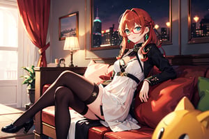 girl , amber hair, greeneyes, zettai ryouiki, stockings, human, lap sitting, eyeglasses, gown