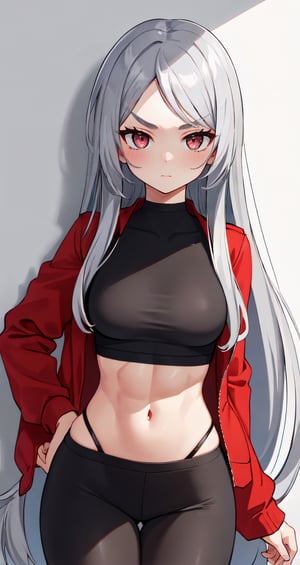 Best quality, masterpiece, ultra high resolution, (in black t-shirt with red sports jacket, black sports pants), photograph of a beautiful 18-year-old girl, (portrait: 1.3), very serious face, ((a very shadow dark empty)), uhd ultra-realistic face, platinum gray hair, ((very straight long hair)), with long bangs, ((platinum gray eyebrows)),((platinum gray eyelashes)),( (very red eyes)) ,(small breasts: 0.7), ((thin and defined face)),(very wide hips), (thick thighs), ((thin waist)), very thin abdomen, curvy figure, high contrast, medium length, perfect skin, ((marked body)), athletic body, strong abs,