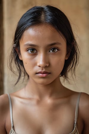 Portrait Photo a portrait,  hyperdetailed photography,  by Elizabeth Polunin, black haired young girl, Indonesian, looking straight to camera,  sweaty,  olya bossak, Jawa, bra, very accurate photo, 