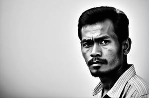 Generate an image that captures the essence of this description: The image is a black and white photo of a Indonesian man with a serious expression on his face, looking directly into the camera. He has a thin beard and appears to be well-dressed. The man's gaze is fixed and intense, as if he is staring into the depths of space or contemplating something important. The overall mood of the image is quite serious and contemplative. The lack of color in the photograph adds to the dramatic effect and draws attention to the subject's facial expression and demeanor





