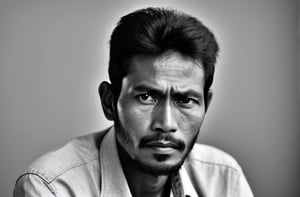 Generate an image that captures the essence of this description: The image is a black and white photo of a Indonesian man with a serious expression on his face, looking directly into the camera. He has a thin beard and appears to be well-dressed. The man's gaze is fixed and intense, as if he is staring into the depths of space or contemplating something important. The overall mood of the image is quite serious and contemplative. The lack of color in the photograph adds to the dramatic effect and draws attention to the subject's facial expression and demeanor





