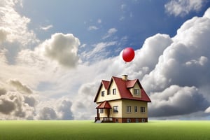 single_house, floating, in_sky, cloudy_sky, covered_by_clouds, balloon, thick_clouds