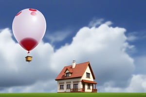 single_house, floating, in_sky, cloudy_sky, covered_by_clouds, balloon, thick_clouds