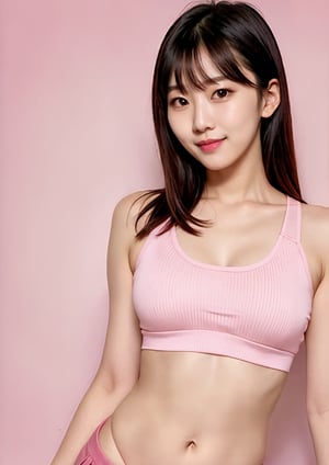 Pink background, bright lighting, top pants, bottom crop top, slight smile, solo, Korean woman in her 30s, S-line waist, full shot