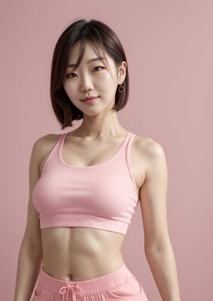Pink background, bright lighting, top pants, bottom crop top, slight smile, solo, Korean woman in her 30s, S-line waist, full shot