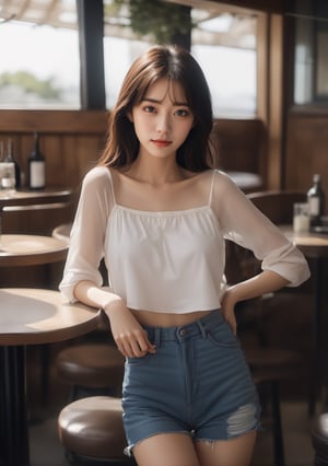 Korean woman in her 20s, solo, smile, ((black crop_top)), ((denim_shorts)), ((standing in a restaurant)), full body portrait, full body length, full body photo, ((model pose) ), very bright backlight, natural soft light, {beautiful and detailed eyes}, beautiful and delicate eyes, eye smile, calm expression, (brown hair: 1.2), brown messy hair, windblown hair breeze, delicate facial features, dull bangs, Small breasts, flim grain, real hands, masterpiece, highest quality, photorealistic, ultra-fine, minute details, high resolution, perfect dynamic composition, ((nervous and embarrassed)), sharp focus, beautymix, aesthetic portrait, cowboy_shot, FilmGirl , LinkGirl
