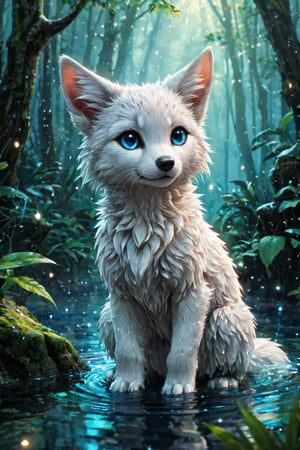 A cute fantasy animal in a forest surrounded by water and light particles, magic world, beautiful, vibrant colors, white, eye catching, detailed, 4k, 