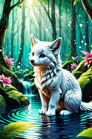 A cute fantasy animal in a forest surrounded by water and light particles, magic world, beautiful, vibrant colors, white, eye catching, detailed, 4k, 