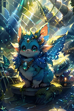 A majestic, mythical creature emerges from the misty veil of a mystical forest, bathed in an aura of enchantment. Amidst a tapestry of emerald green and sapphire blue, radiant water droplets dance across the scene, refracting light into a kaleidoscope of colors. The creature's delicate features gleam with an ethereal glow, as if infused with magic. Its fur shimmers like white silk in the soft, golden light, drawing the viewer's eye to its mesmerizing, detailed design. This 4K masterpiece is a painting come to life, a symphony of vibrant hues and textures that transports the observer to a world of wonder, Animal that does not exist in real life.,spirit