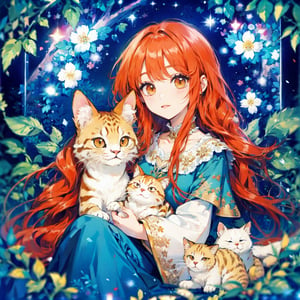 In this masterpiece poster image, a lonely kawaii girl with long, flowing red hair sits serenely in the middle of a vibrant and harmonious forest at night. A cat curls up next to her, surrounded by lush leaves. The girl's face radiates a warm and soft smile, as if she is enjoying the magical aura that fills the air. The nighttime background features an incredibly vivid display of stars and constellations, further amplifying the whimsical fantasy setting. Giving a like with your hand.