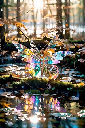 Whispering woodland creatures gather 'round as a radiant, iridescent sprite with delicate wings and shimmering fur emerges from the misty veil surrounding the serene lake. Soft rays of sunlight dance across the rippling water, casting a kaleidoscope of colors onto the forest floor. The sprite's pose is one of gentle curiosity, its whiskers twitching as it explores the mystical atmosphere.