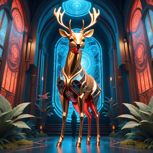 Style arte of photorealistic anime Futuristic perfect full body deer made of mask glase(((full body))) organic with gold and red neon metal, full body. cinematic, hyper realism, high detail, octane render. 64k.cathedral biopunk geisha, Plants and flowers, luminescent translucent ghostly glass fantasy ethnic geometric pattern by Gustav Klimt blue and red and black and gold, Hyper detailed ornate hologram media room, glowing translucent hologram movie screen playing scene from the movie Blade Runner, (masterpiece, high resolution, surrealism, moonligth, Escher's intricate design. Vivid colors merge with Escher's signature style, blurring the lines between fantasy and science fiction., unreal engine, greg rutkowski, loish, rhads, beeple, makoto shinkai and lois van baarle, ilya kuvshinov, rossdraws, tom bagshaw, alphonse mucha, global illumination, detailed and intricate environment