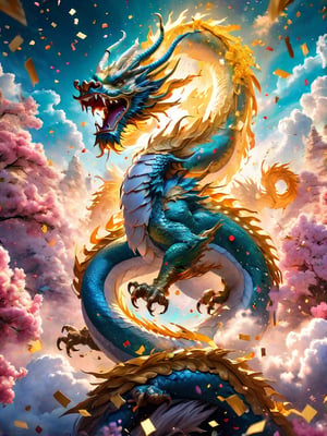 Falling confetti, A beautiful Chinese dragon rising into the celestial sky, confetti, chinese new year, stars above with clouds below, Clint Cearley, Daarken, Jeremy Mann, hyper-detailed, hyperrealistic, digital art, detailed background, epic, cinematic, vibrant saturated colours, divine light, cyan, white, yellow, fantastical, dreamy, ethereal