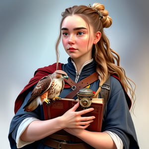 A fantasy character concept portrait of a human wizard woman with pale complexion, subtle freckles, mousy brown messy long hair pulled back in a low messy bun, ((face reminiscent of  florence pugh)), clever grey eyes, skeptical annoyed condescending expression, worn and layered traveling wizard clothing adorned with various magical trinkets, a spellbook and potion vials attached to her belt, and a magical red-tailed hawk perched on her shoulder. The background is detailed, with a captivating composition and color, blending fantasy and realism 