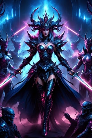 1girl, perfect face, Dark synth war deity, deified queen, empress, many arms, holding magic, holding swords, army of the dead behind her, thigh high armored boots, epic, digital illustration painting, perfect composition, blue and pink horrorcore scifi synth art painting,more detail XL