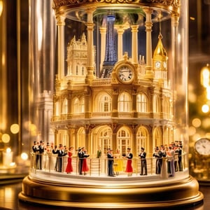 Inside a glass clock on New Year's Eve, a group of people are joyfully raising their glasses to toast champagne. The miniature cities of NYC and Paris are meticulously crafted within the glass enclosure, adding a charming whimsy to the scene. The image, captured in a photograph, showcases an exquisite attention to detail. Each individual in the group wears elegant attire, their expressions filled with anticipation and merriment. The clock's transparency allows the viewer to appreciate the intricate miniature architecture of both cities, creating a vibrant and enchanting atmosphere. The image's impeccable clarity and vibrant colors make it a visually stunning depiction of a festive celebration.