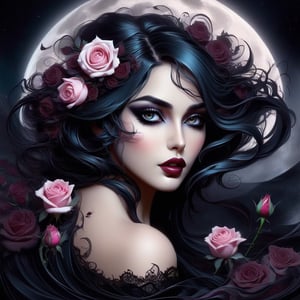 Gothic fairytale, paint flow, elegant, haloed by the moon, roses, swirling lines, abstraction, conceptual, realistic face, beautiful, (perfect eyes:0.4), Decora_SWstyle