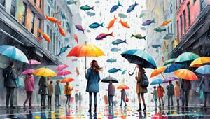 vibrant smooth crisp digital illustration of a rainy day with surreal vibrant fish falling from the sky, crowded sidewalk with busy people carrying black umbrellas, one girl with a colorful umbrella standing still, looking up, trying to catch a falling fish, with watercolor wet edges on a white background