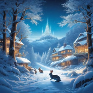 (masterpiece), Winter style, Rabbits exchanging gifts in a snowy wonderland, illumination background, reflections, sparkling, christmas scene, beautiful digital illustration by yoshitaka amano, dan mumford, Nicolas delort, jeff koons, photorealism, crisp, UHD, fantasy, gorgeous linework, a complex and intricate masterpiece, cel-shaded, clean and sharp