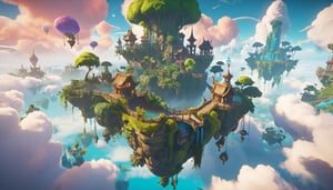 4d spring-themed gaming landscape, skybridges over clouds, islands surrounded by trees, concept art, by Mike "Beeple" Winkelmann, lush plant and magical details, beeple and jeremiah ketner, hanging gardens, video game screenshot>, beautiful render of a fairytale, spellbreak, a bustling magical town, ultra wide gameplay screenshot, floating lands in-clouds, cute detailed digital art, (Game Cinematic Feel, Epic Graphics, Intricately Detailed, 8K Resolution, Dynamic Lighting, Unreal Engine 5, CryEngine, Trending on ArtStation, HDR, 3D Masterpiece, Unity Render, Perfect Composition:0.8)
