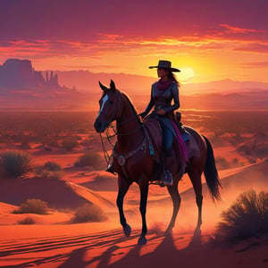 ""a lone outlaw woman riding towards a gorgeous mystical desert sunset 🌅 !!! at night!!", hyperdetailed and highly intricate digital illustration by Ismail Inceoglu, Erin Hanson, Gazelli, Hayao Miyazaki and Yoshitaka Amano, a masterpiece, 8k resolution, trending artstation, Ray Tracing Reflections, volumetric lighting, deep colors, unreal engine. Beautiful desert sunset.. Style inspired by Raymond Swanland, Valentina Remenar, MTG artists, Todd Lockwood, Alberto Seveso, Cyril Rolando, Jon Foster, Greg Staples, Carne Griffiths. Incorporates sfumato, volumetric and dynamic lighting, in a hyperdetailed, photorealistic, maximalist masterpiece..